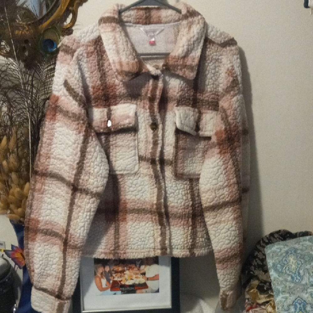 No Boundaries Teddy Plaid Jacket - Cream & Brown